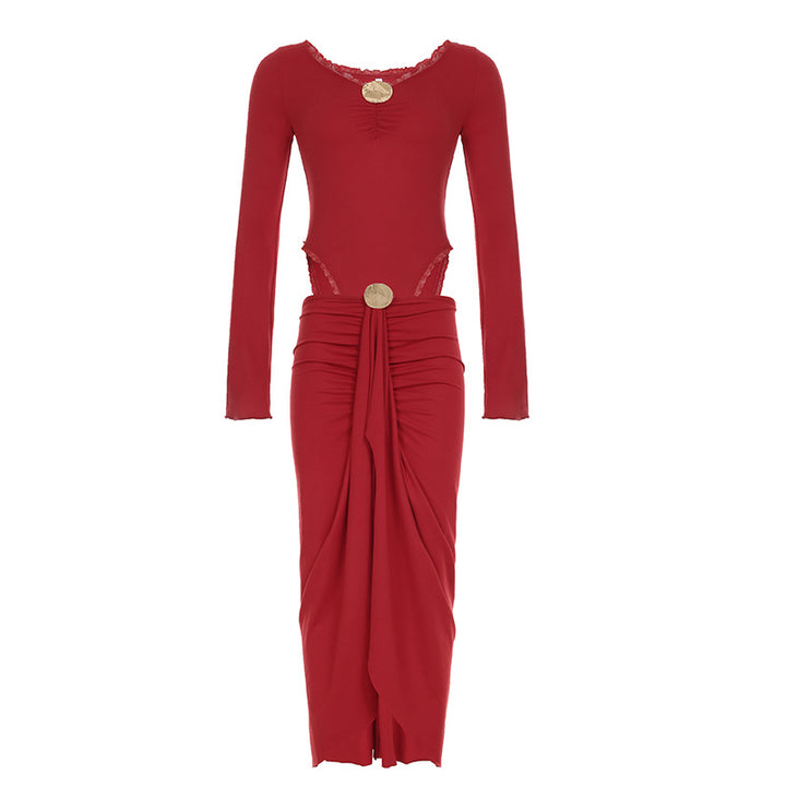 Damen eleganter Wickelrock mit glanzvollem Knopfdetail Drune