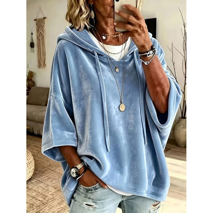Damen Luxuriöser Samt-Hoodie mit Kimono-Kurzärmeln und Tunnelzug Drune