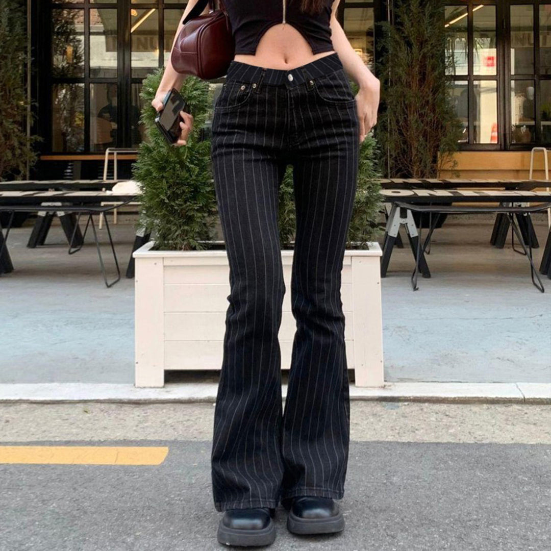 Damen Schlagjeans mit vertikalen Streifen und hohem Taillenbund Drune