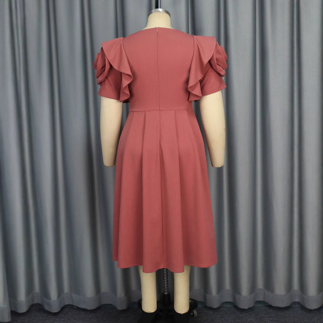 Damen Elegantes Midi-Kleid mit voluminösen Rüschenärmeln und funkelndem Schmuckdetail Drune