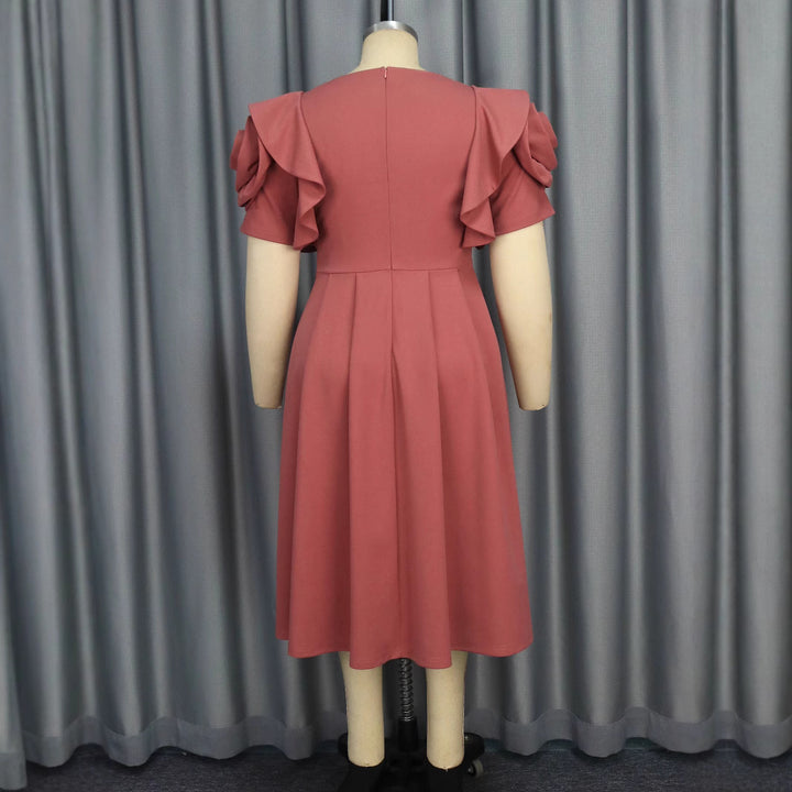 Damen Elegantes Midi-Kleid mit voluminösen Rüschenärmeln und funkelndem Schmuckdetail Drune