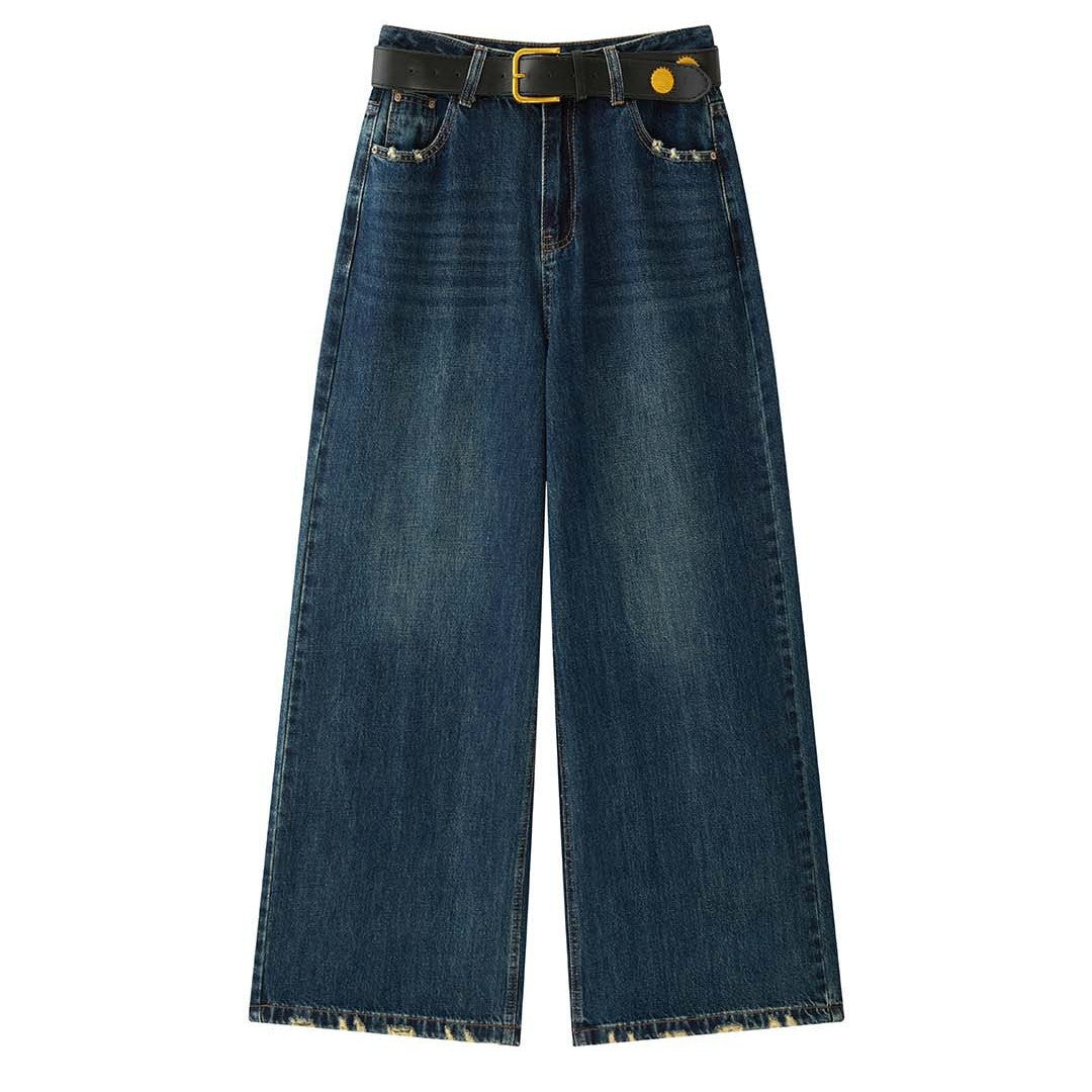 Damen Weite Vintage-Denim Jeans mit hohem Bund und ausgefranstem Saum Drune