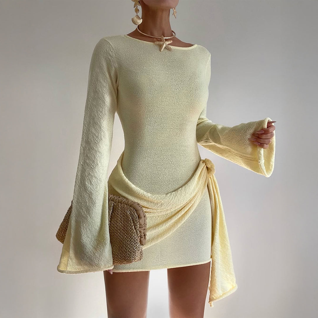Damen nan elegantes Terry-Minikleid mit taillierter Silhouette, langen Ärmeln und seitlicher Drapé-Schleife Drune