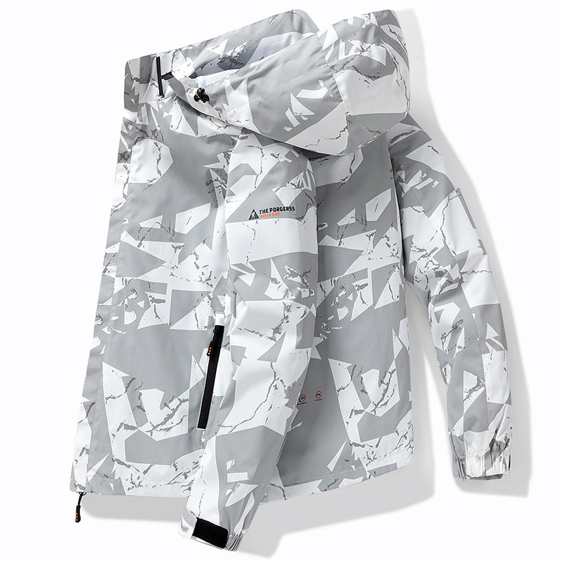 Herren Technische wasserdichte Kapuzenjacke mit grafischem Camouflage‑Print, Reißverschlusstaschen und verstellbarem Saum Drune