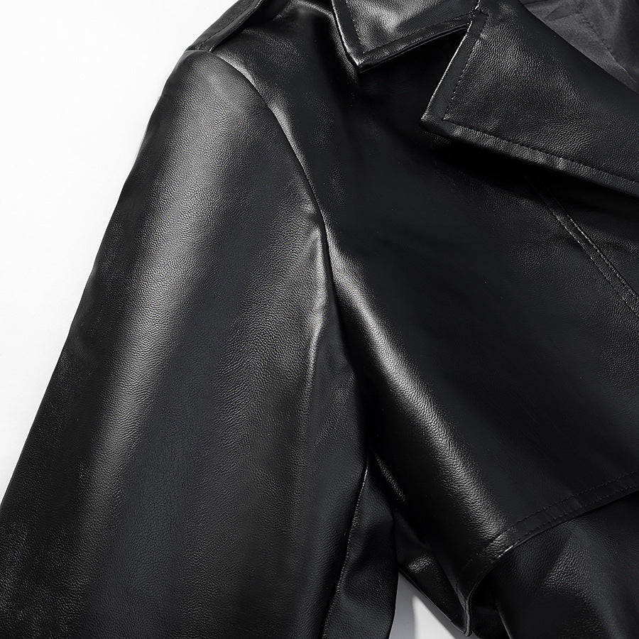 Damen Langer Trenchcoat aus Lederoptik mit Bindegürtel und Epauletten Drune