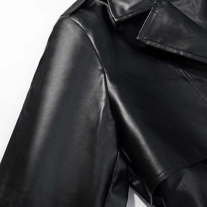 Damen Langer Trenchcoat aus Lederoptik mit Bindegürtel und Epauletten Drune