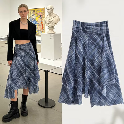 Damen Asymmetrischer Lagenrock mit hohem Falzgürtel und kariertem Chiffon Drune