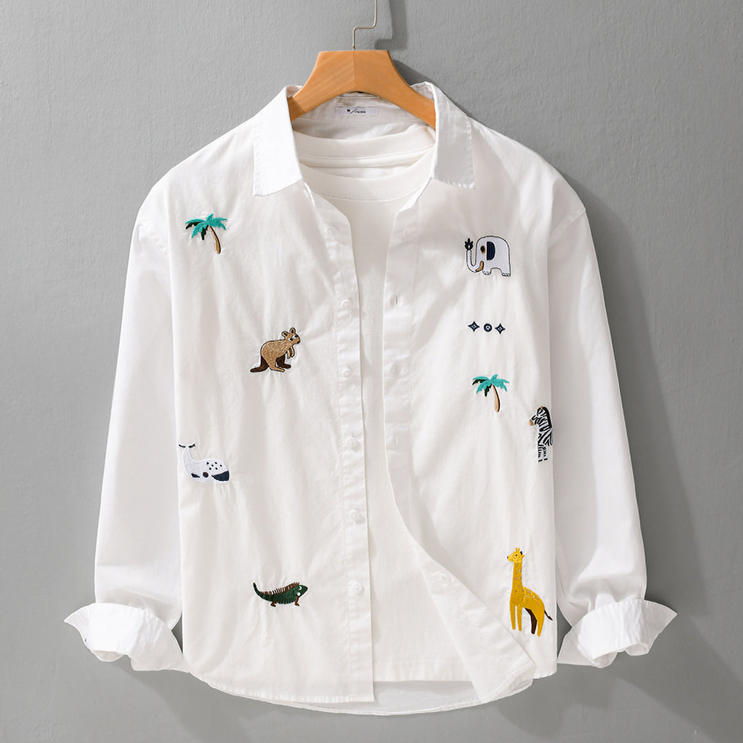 Damen Lockeres Baumwollhemd mit handgestickten Safari-Motiven Drune