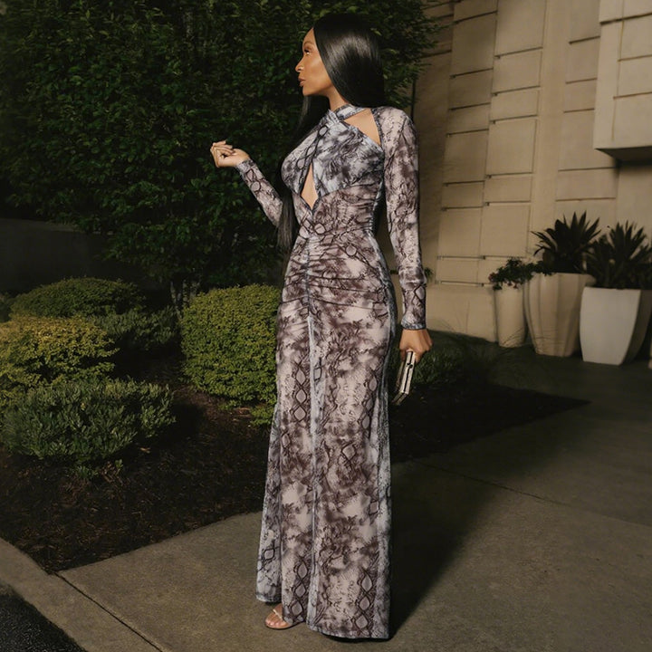 Damen Schlangehaut Maxikleid mit raffiniertem Schnitt und Deep-V-Ausschnitt Drune