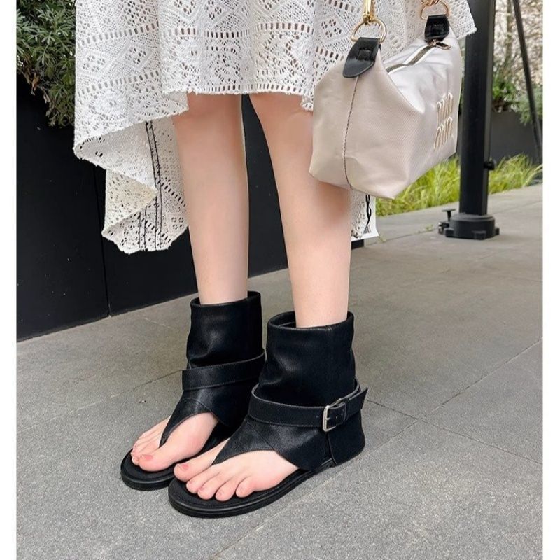 Damen Offene Sandalen‑Stiefelette mit Sockenkragen und Schnallenriemen Drune