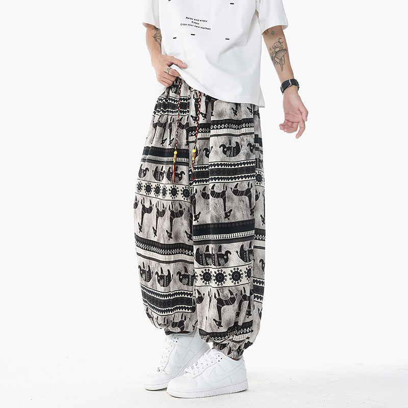 Damen Weite Boho-Haremshose aus Baumwollmix mit elastischem Bund und Ethno-Print Drune