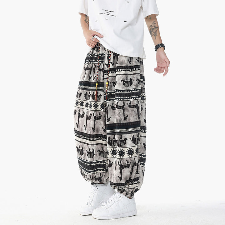 Damen Weite Boho-Haremshose aus Baumwollmix mit elastischem Bund und Ethno-Print Drune