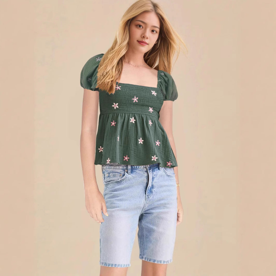 Damen Puffärmel Blusenshirt mit elastischem Bund Drune