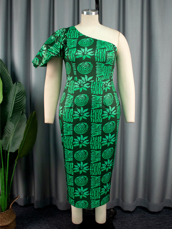 Damen körpernahe Midi-Kleid mit asymmetrischem Schnitt und voluminösen Puffärmeln Drune