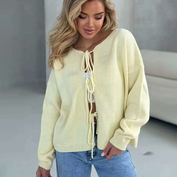 Damen lässiger Strickpullover mit dekorativer Schnürung und weitem Schnitt Drune