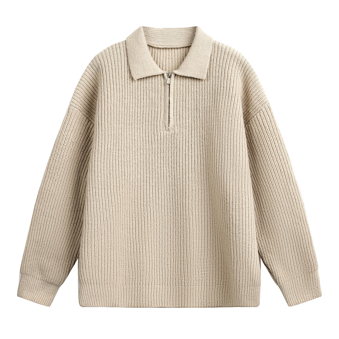 Unisex Boxy-Rippenpullover mit Polokragen und kurzem Metall-Halbzip Drune