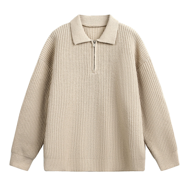 Unisex Boxy-Rippenpullover mit Polokragen und kurzem Metall-Halbzip Drune
