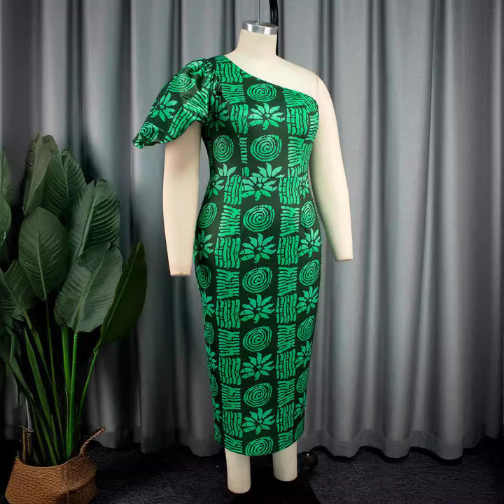 Damen körpernahe Midi-Kleid mit asymmetrischem Schnitt und voluminösen Puffärmeln Drune