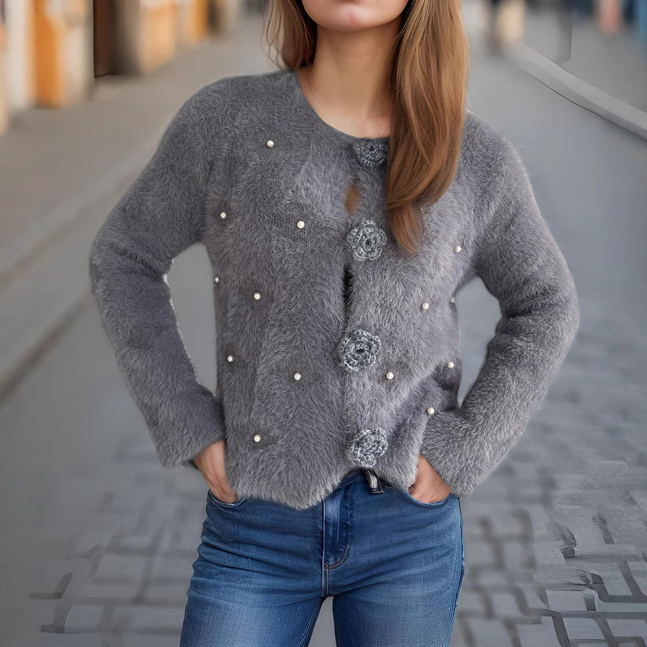 Damen Strickjacke mit floralen Applikationen und perlverzierter Detail Drune