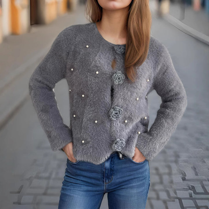 Damen Strickjacke mit floralen Applikationen und perlverzierter Detail Drune