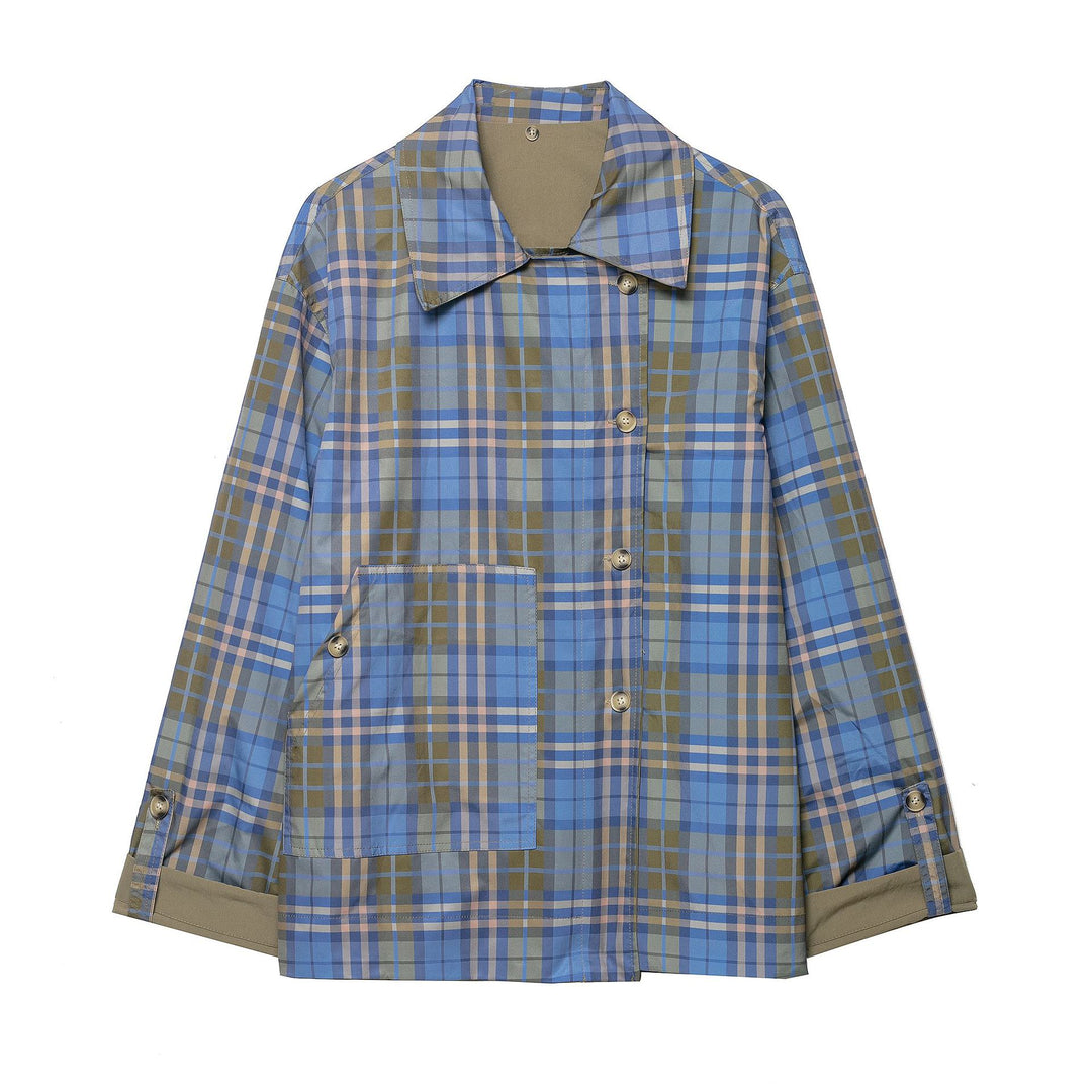 Damen 100+ kurzer Cape‑Trench mit karierter Innenverarbeitung und Knotenverschluss Drune