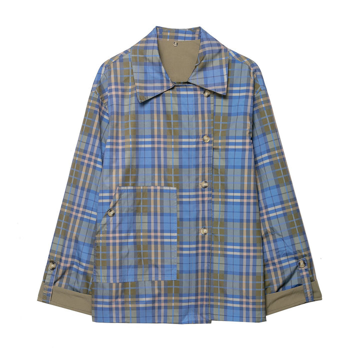 Damen 100+ kurzer Cape‑Trench mit karierter Innenverarbeitung und Knotenverschluss Drune