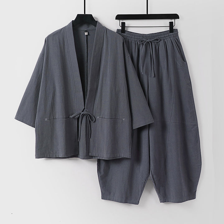 Unisex Modernes Kimono-Lounge-Set aus weichem Baumwollmix mit Kurzjacke, Tunnelzug-Hose und gerafften Knöcheln Drune