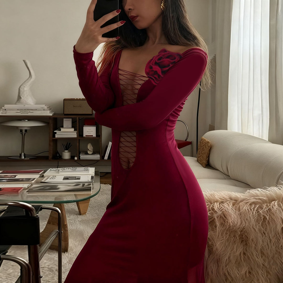 Damen figurbetontes Maxikleid mit Schnürung und floralem Detail Drune