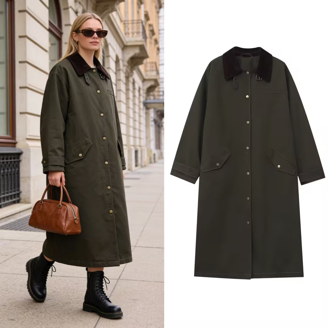 Damen Langer wasserdichter Oversize-Mantel mit Cordkragen, Druckknopfleiste und Pattentaschen Drune