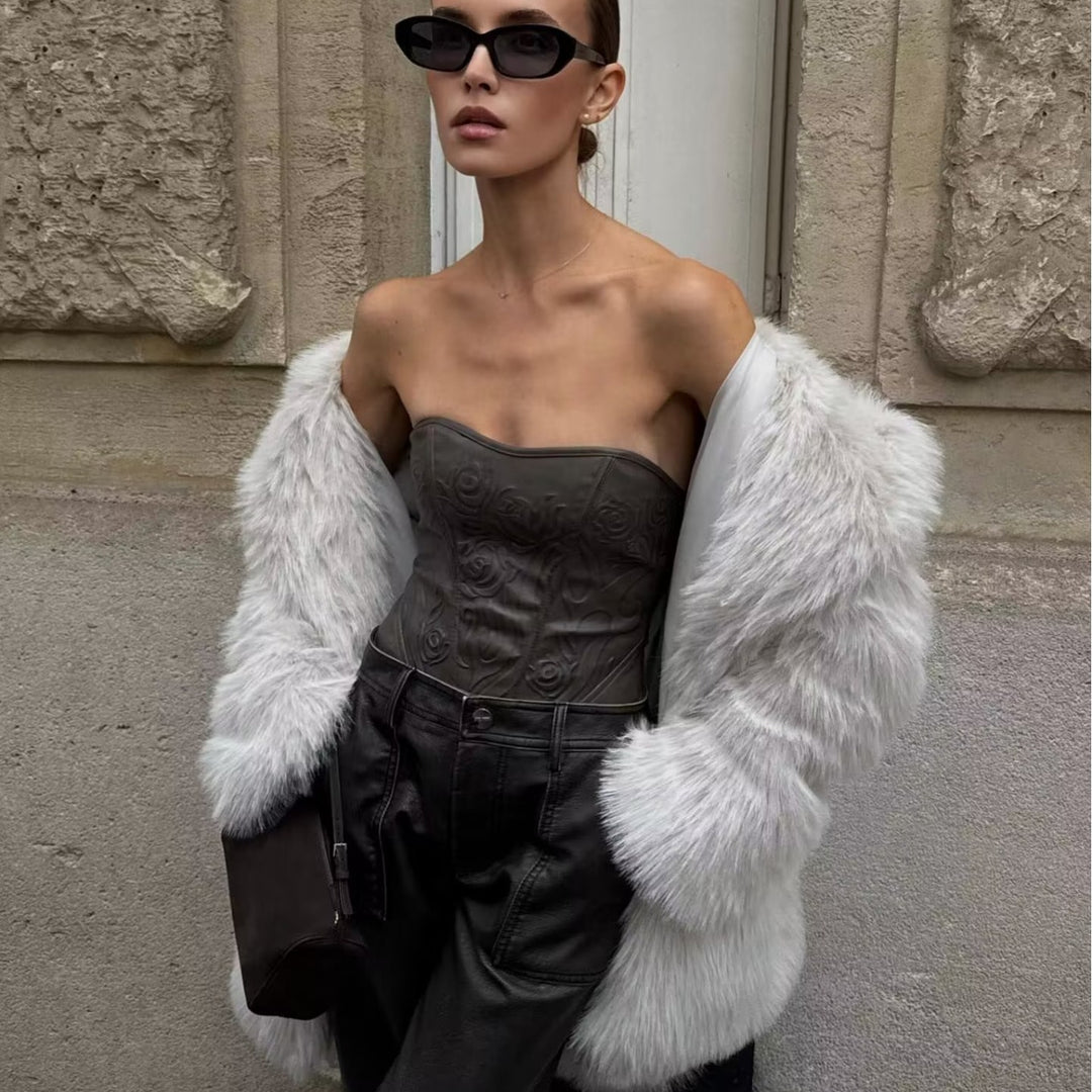 Damen Faux-Fur-Mantel mit Oversize-Schalkragen und langem, taillenfreiem Schnitt Drune