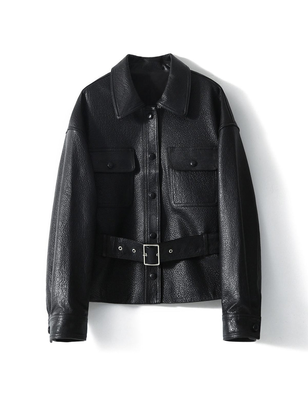 Damen Kurzjacke aus strukturiertem Leder mit Taillengürtel und Druckknöpfen Drune