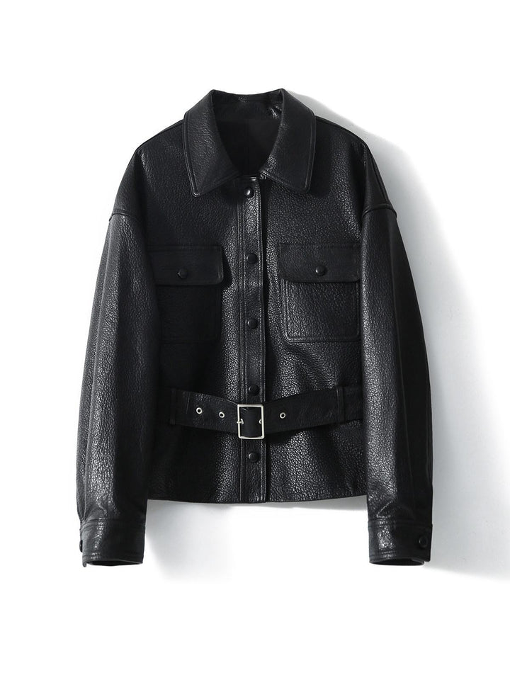 Damen Kurzjacke aus strukturiertem Leder mit Taillengürtel und Druckknöpfen Drune