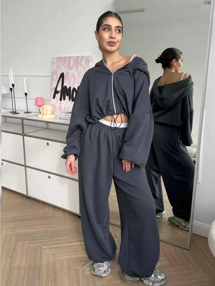 Damen kurzes Kapuzenzipper-Lounge-Set mit oversized Ärmeln und weitem Jogginghose-Schnitt Drune