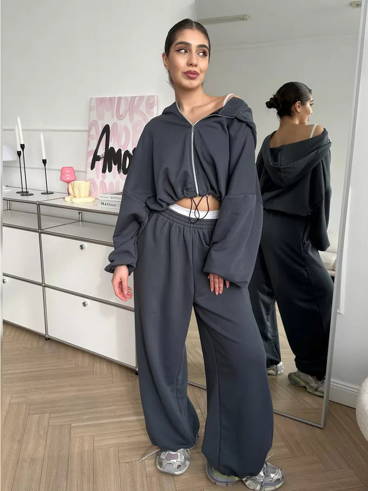 Damen kurzes Kapuzenzipper-Lounge-Set mit oversized Ärmeln und weitem Jogginghose-Schnitt Drune