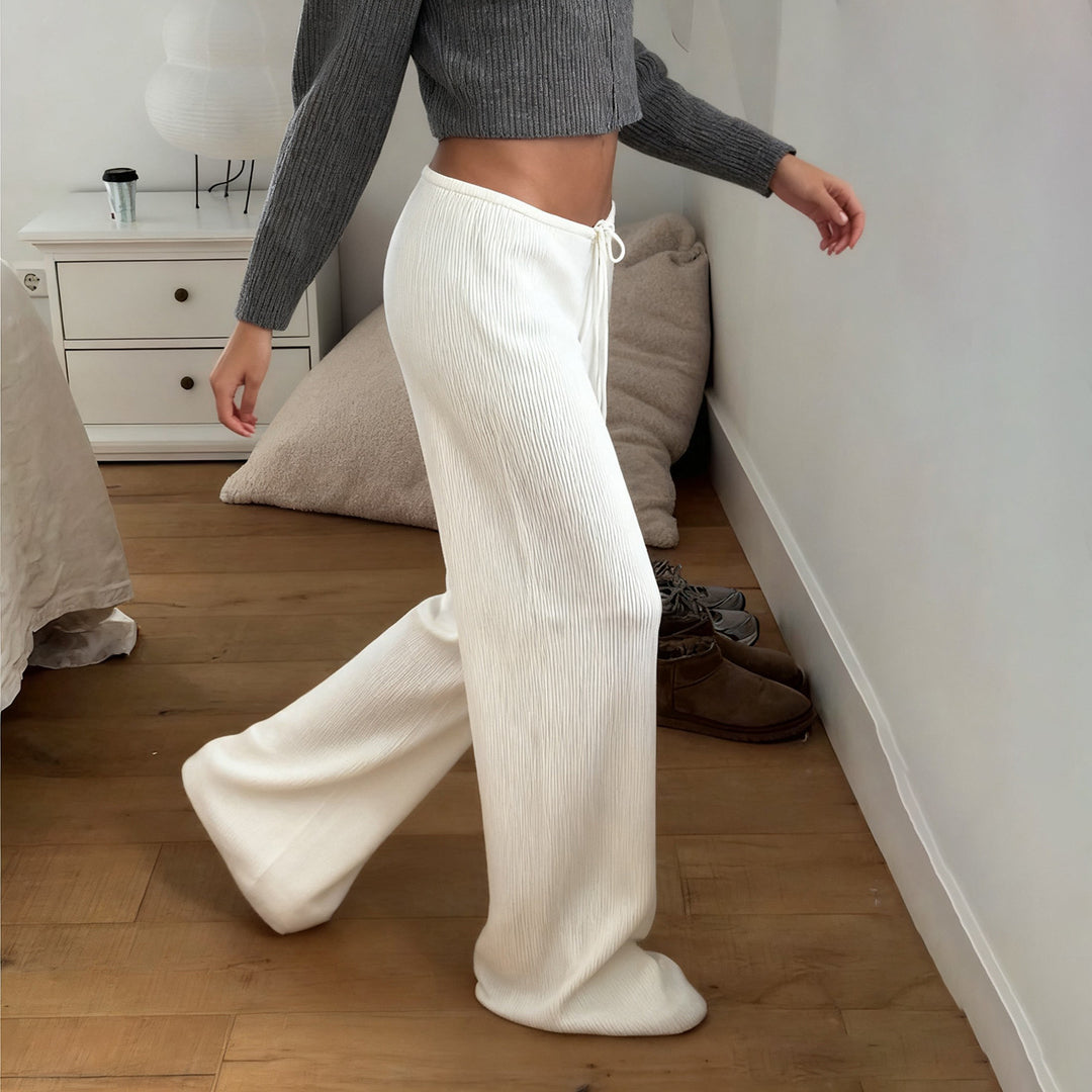 Damen nan lässige Lounge-Hose mit weitem Bein, elastischem Tunnelzugbund und feinem Rippstrick Drune