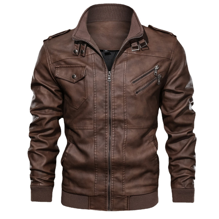 Herren Biker-Pilotjacke aus Kunstleder mit hohem Kragen, Schulterklappen und Rippbündchen Drune