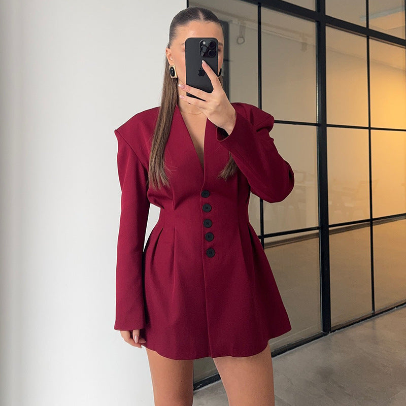 Damen trendiges Blazer-Kleid mit strukturierten Schultern und tiefem V-Ausschnitt Drune