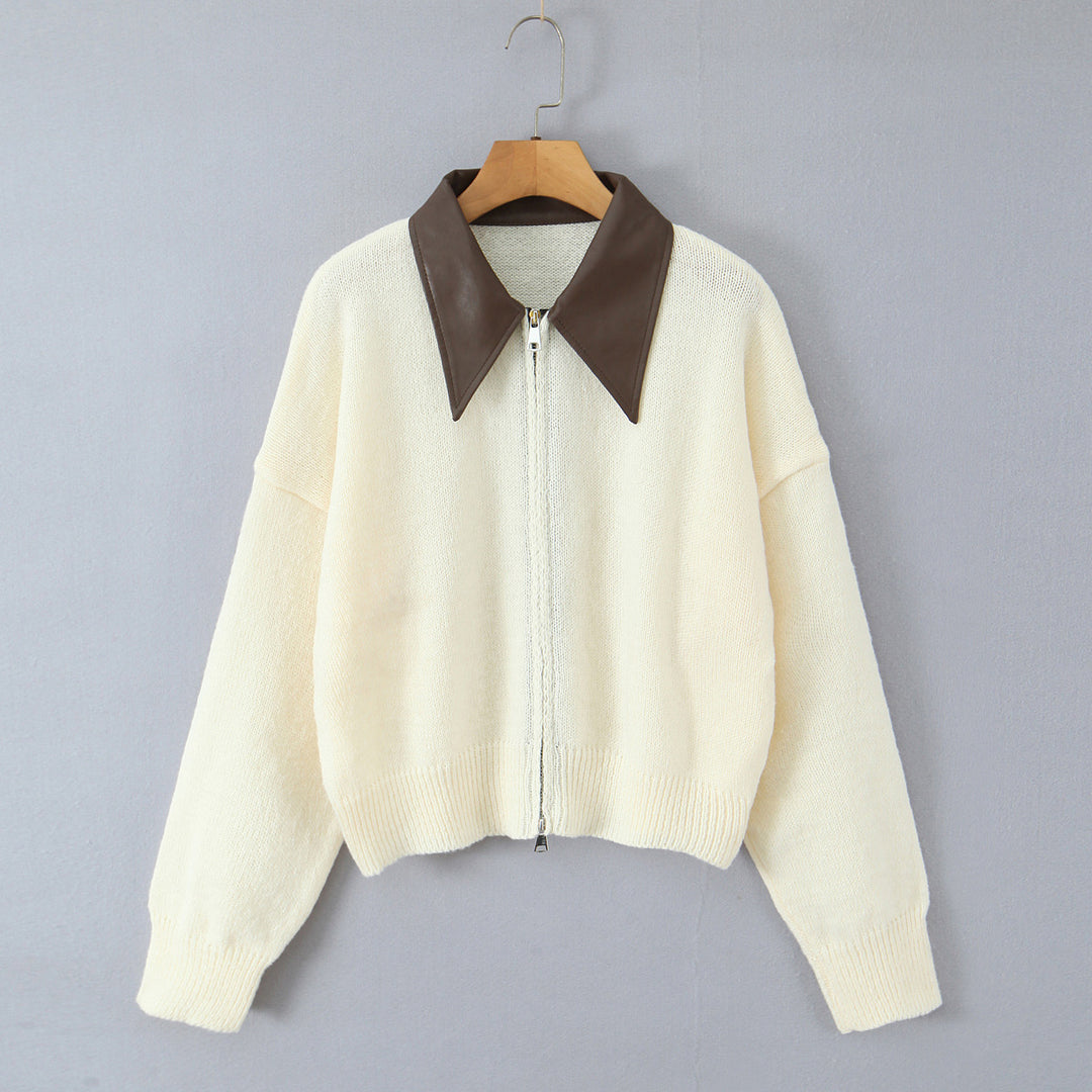 Damen 10+ Oversize Strickjacke mit Zweiwege‑Reißverschluss und spitzem Kontrastkragen Drune