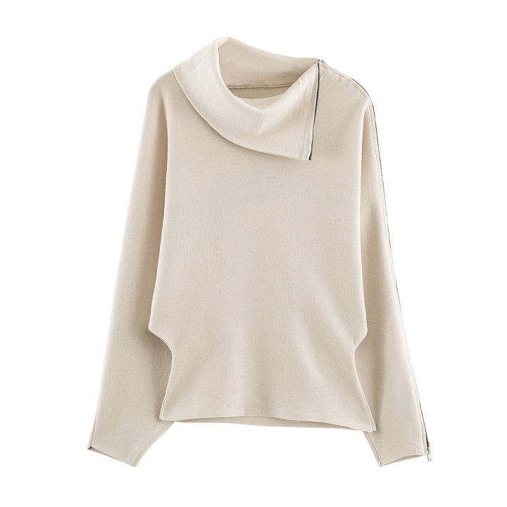 Damen Asymmetrischer Feinstrick-Pullover mit Schalkragen, Schulterreißverschluss und Zipper-Ärmel Drune