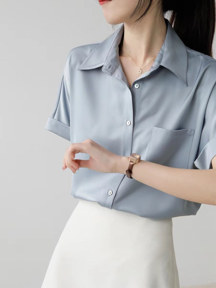 Damen Satinbluse mit modernem Kragen und eleganten Rollärmeln Drune