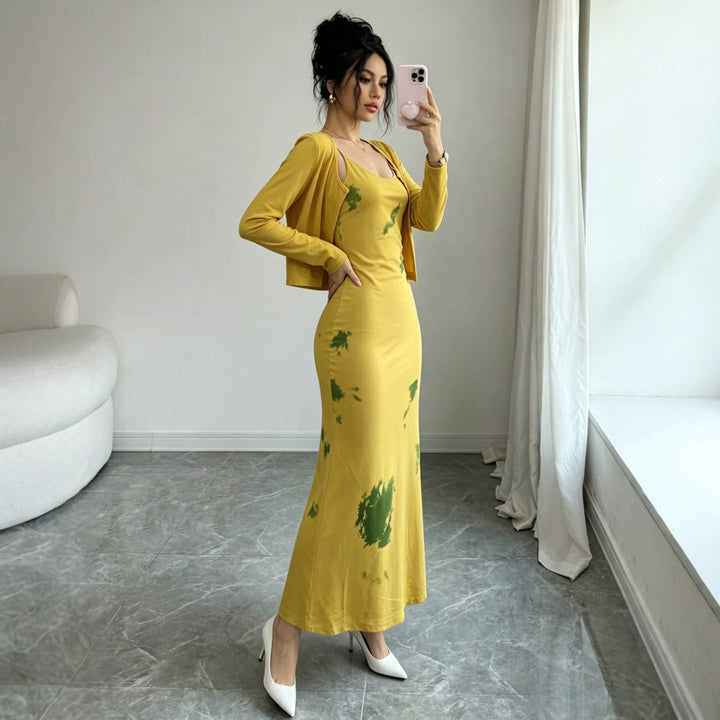 Damen Midikleid-Set mit Kurzcardigan und figurumschmeichelnder Silhouette Drune