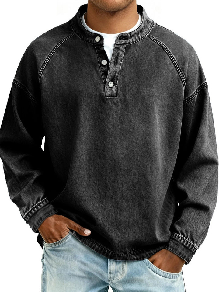 Herren nan verwaschenes Henley-Shirt mit Stehkragen, lockerer Passform und Knopfleiste Drune