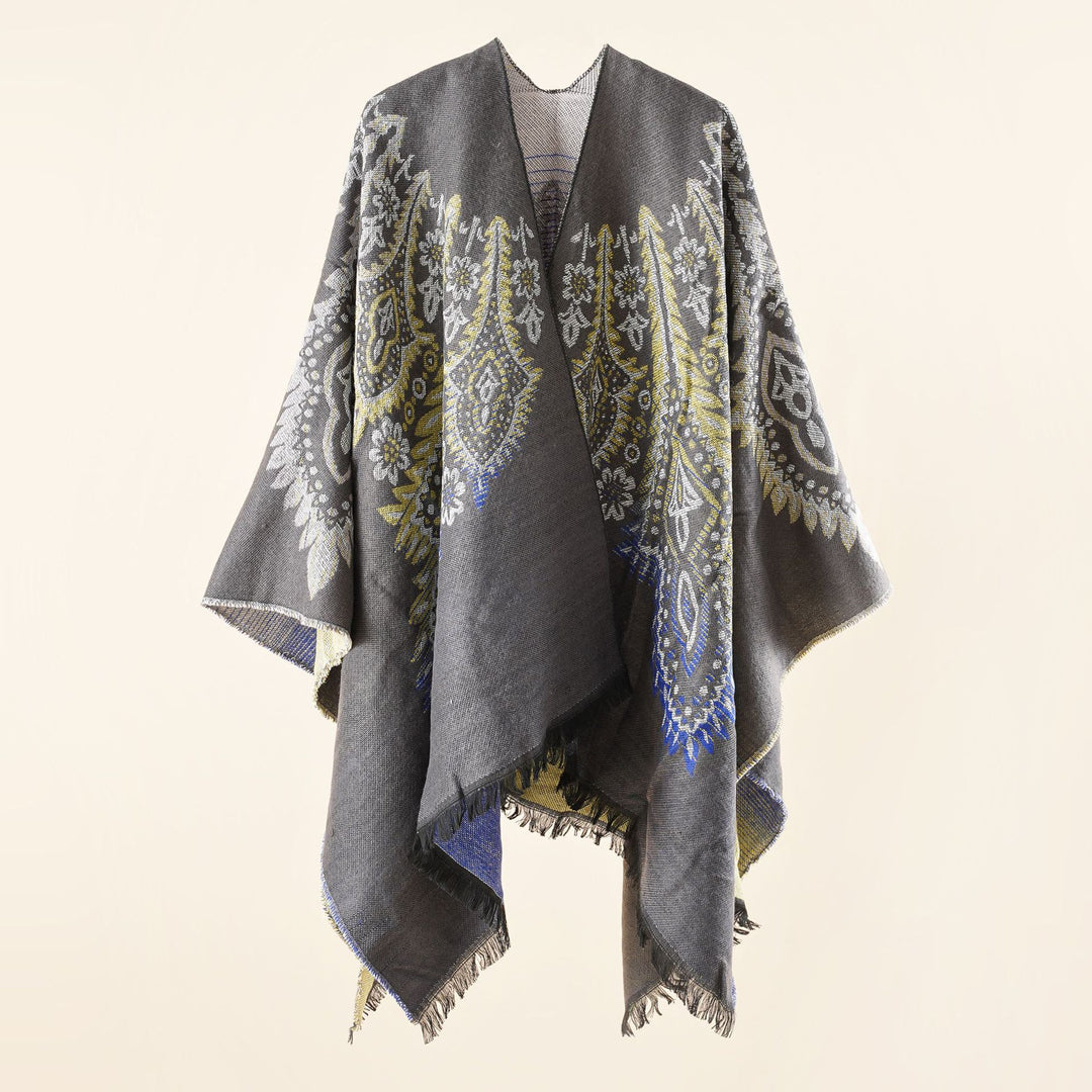 Damen Reversibler Jacquard-Wickelponcho im Oversize-Kaftan mit Fransensaum Drune