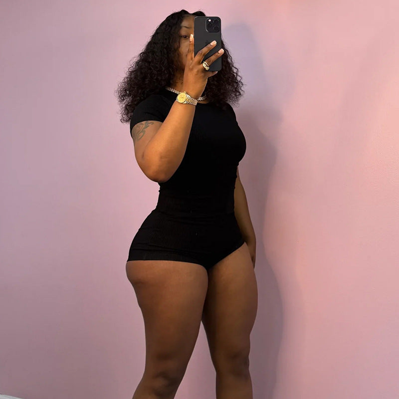 Damen Figurbetontes Jumpsuit mit kurzen Ärmeln und Rippenstruktur Drune