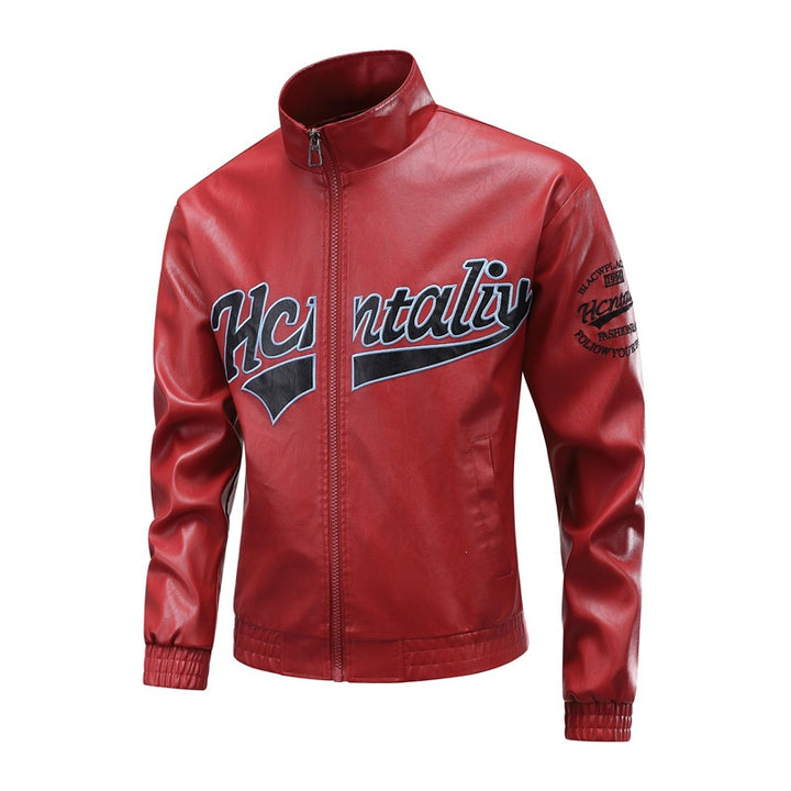 Herren Lederimitat-Bomberjacke mit Stehkragen, Logostickerei & Frontzip Drune