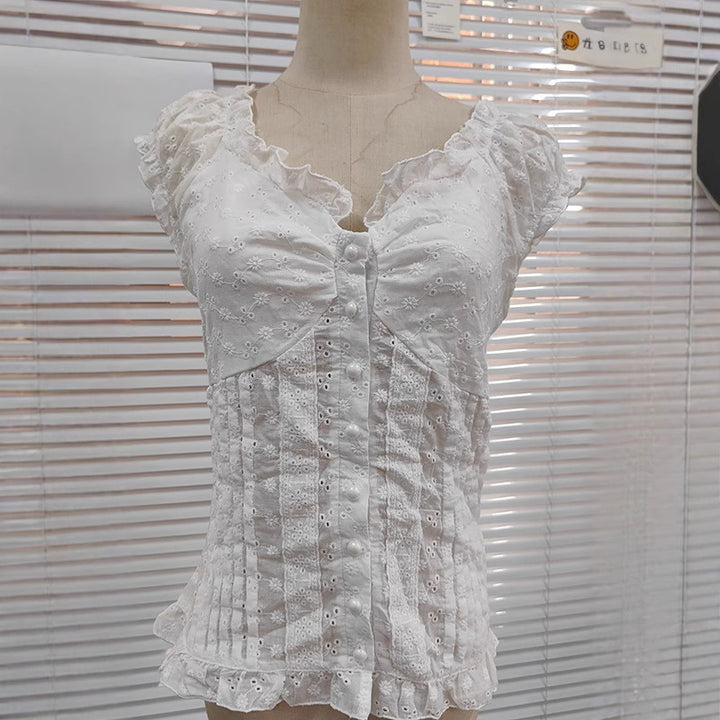Damenbluse mit romantischem Rüschendesign und dekorativen Knopfdetails Drune