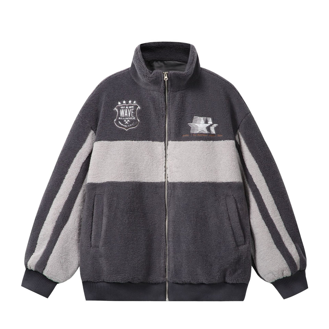 Unisex Sherpa‑Fleecejacke im Boxy‑Cut mit Stehkragen, Blockstreifen und Stickdetails Drune