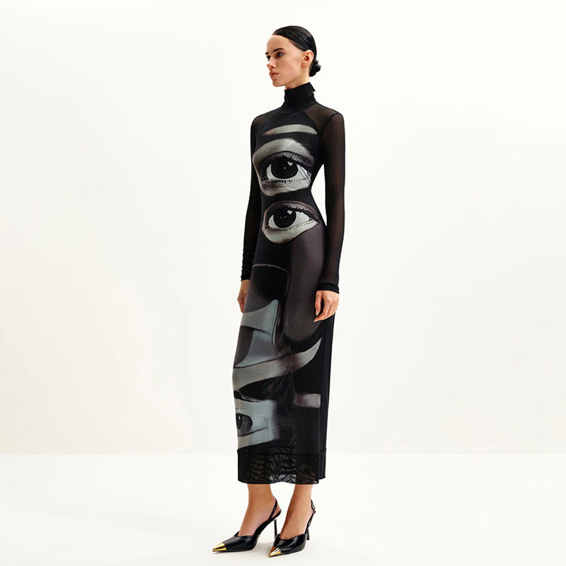 Damen Langarm Maxikleid mit grafischem Muster und hochgeschlossenem Kragen Drune