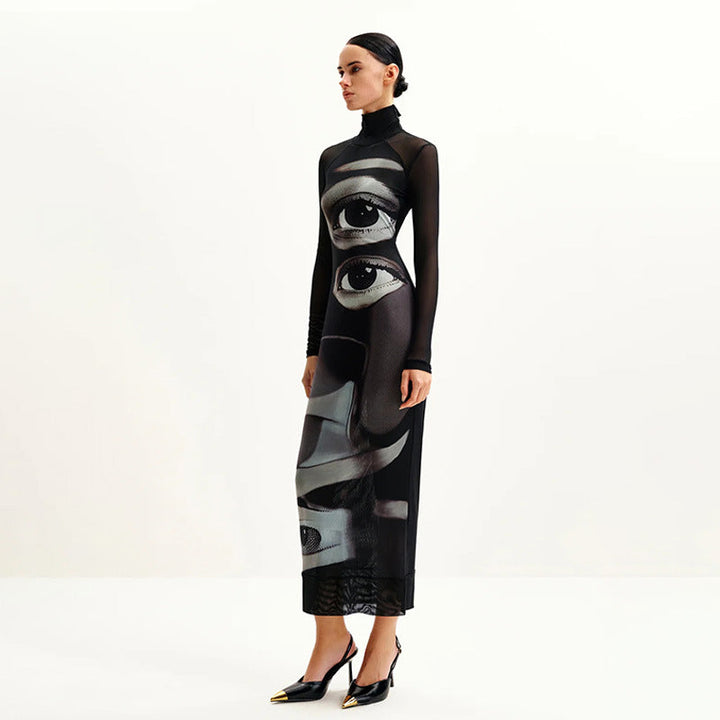 Damen Langarm Maxikleid mit grafischem Muster und hochgeschlossenem Kragen Drune