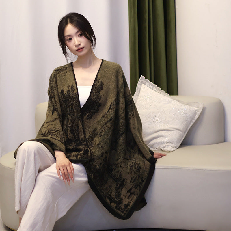Damen Jacquard‑Strickcape mit strukturierter Weboptik und offener Front Drune